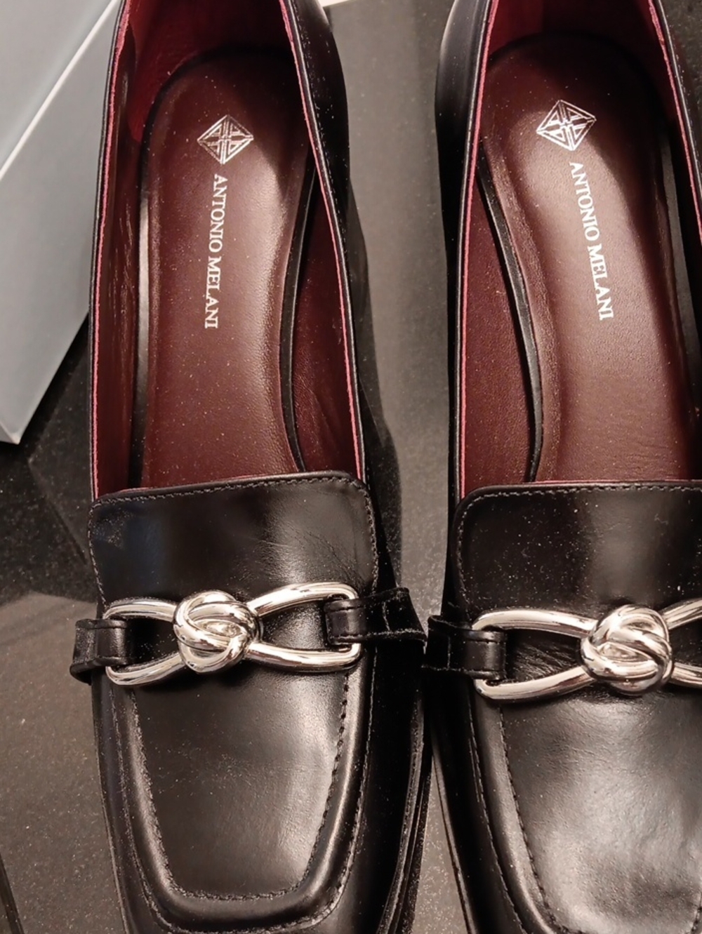 ANTONIO MELANI Black Leather Loafers with Silver Knot Hardware